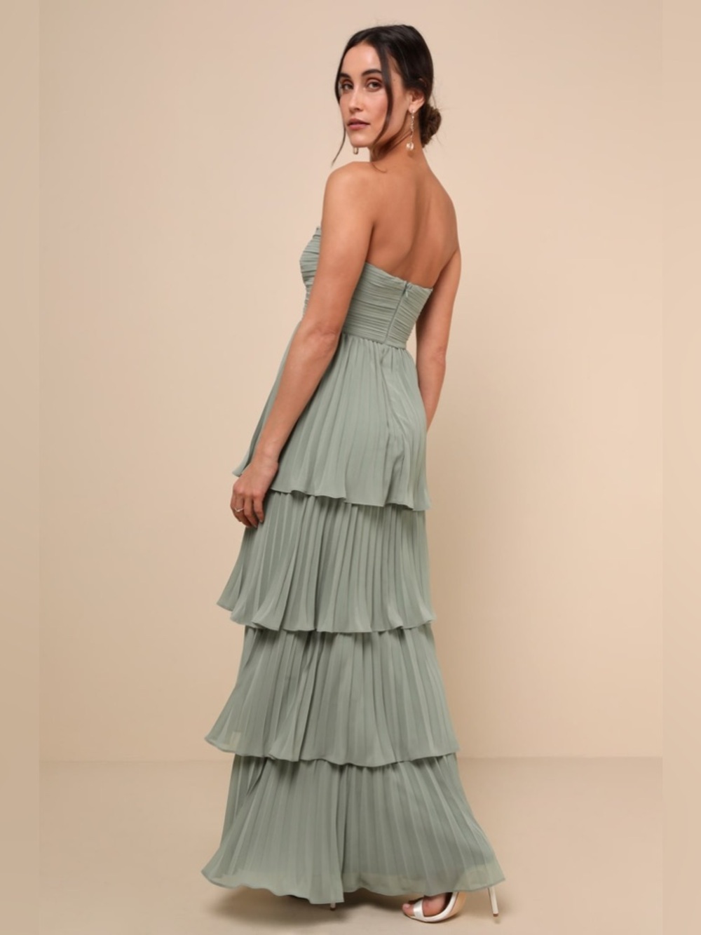 LULU'S Seriously Sensational Sage Brush Strapless Tiered Maxi Dress - Picture 3 of 6